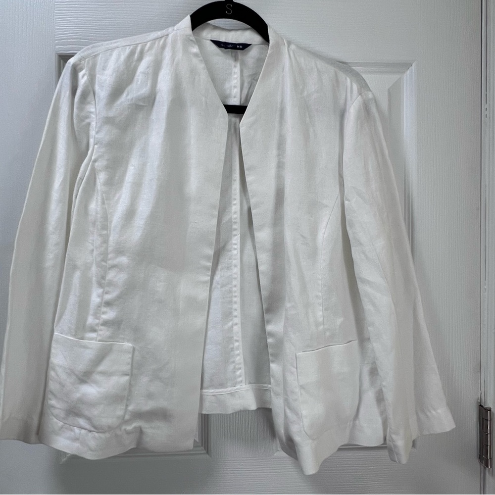 Lands' End Women's Linen Blazer White Collarless Pockets Cropped Size 16